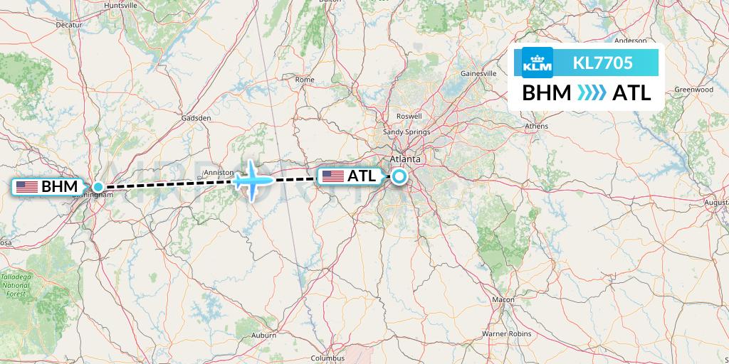 KL7705 KLM Flight Map: Birmingham to Atlanta