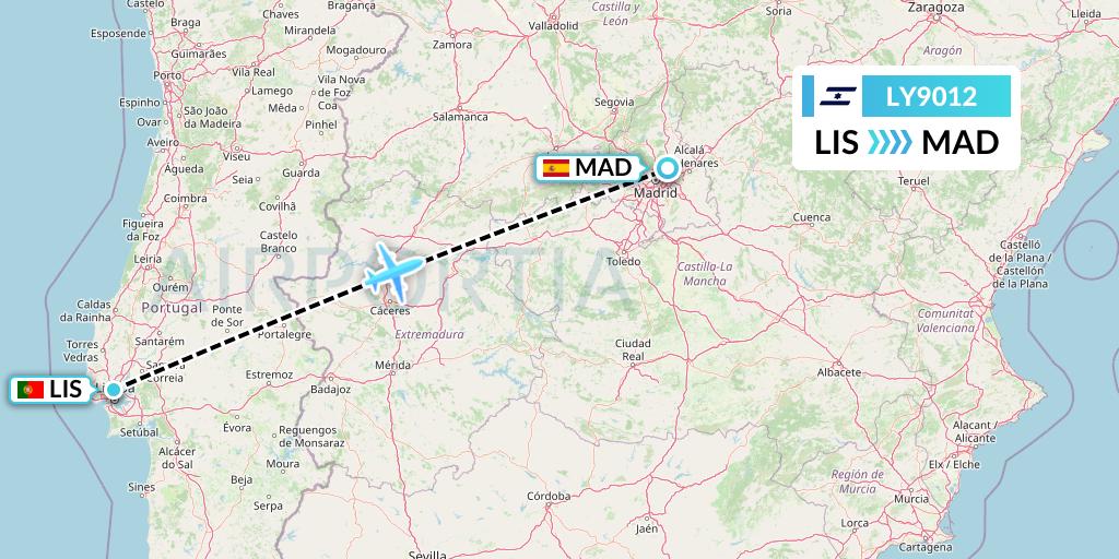 LY9012 El Al Flight Map: Lisbon to Madrid