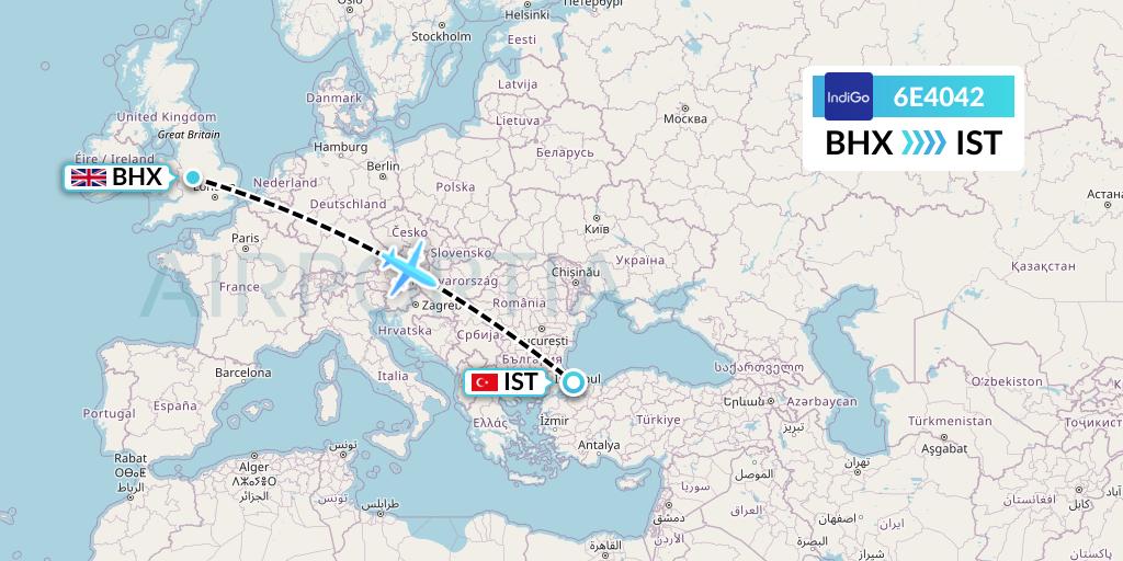 6E4042 IndiGo Airlines Flight Map: Birmingham to Istanbul