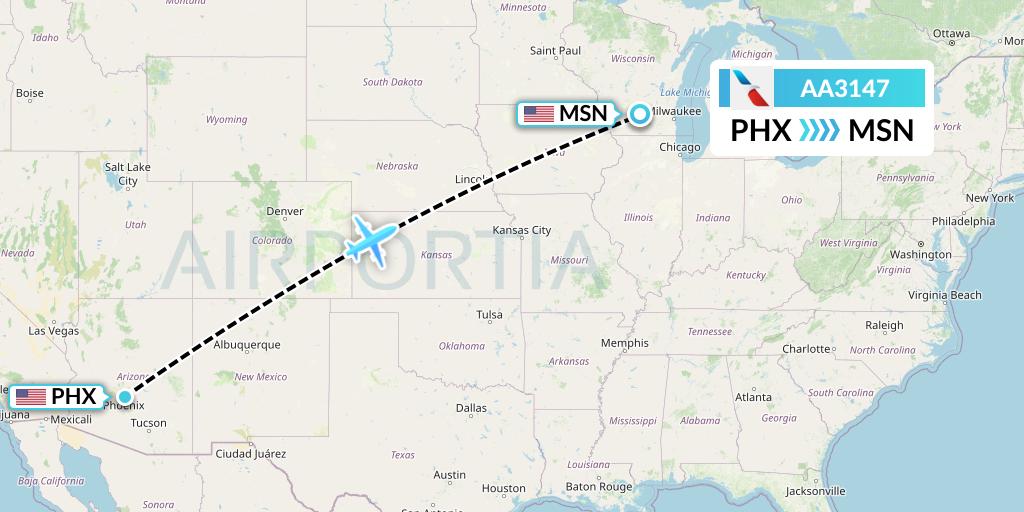 AA3147 American Airlines Flight Map: Phoenix to Madison