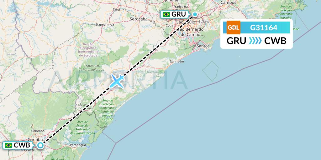 G31164 GOL Transportes Aeros Flight Map: Sao Paulo to Curitiba