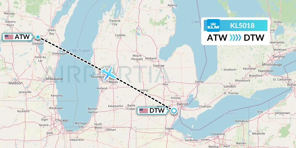 KL5018 KLM Flight Map: Appleton to Detroit