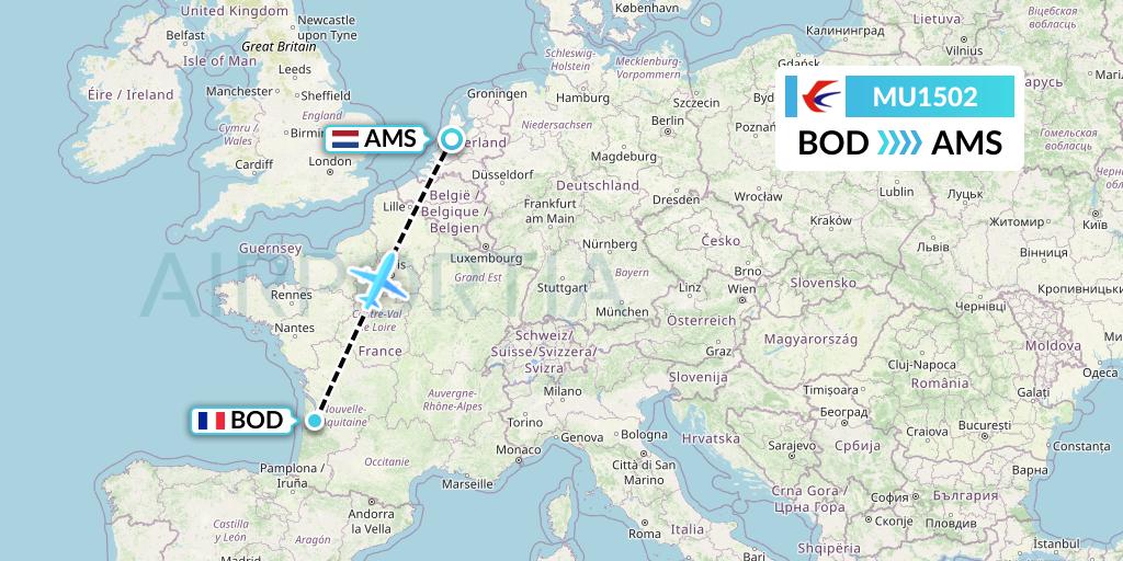 MU1502 China Eastern Airlines Flight Map: Bordeaux to Amsterdam