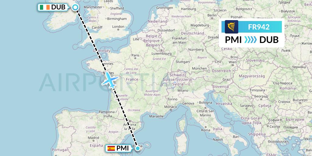 FR942 Ryanair Flight Map: Palma de Mallorca to Dublin