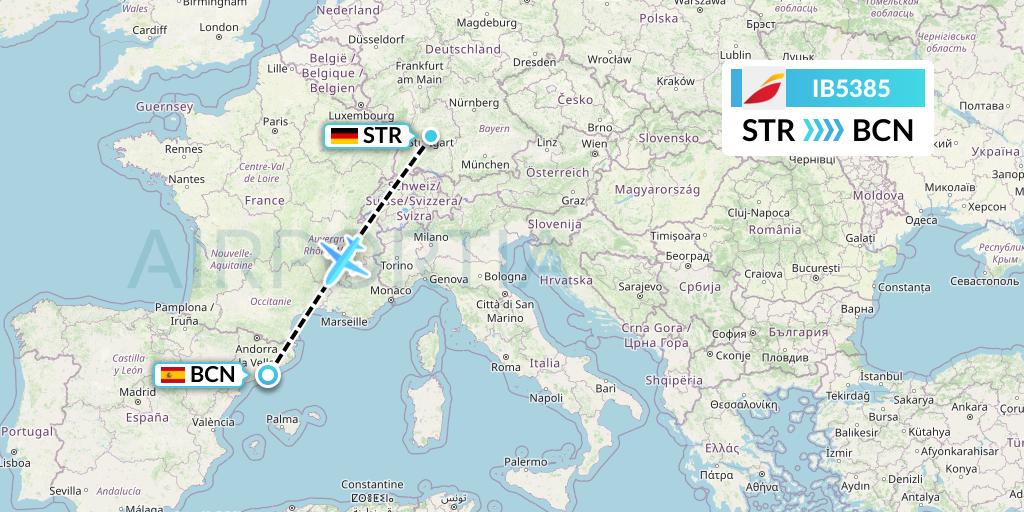 IB5385 Iberia Flight Map: Stuttgart to Barcelona