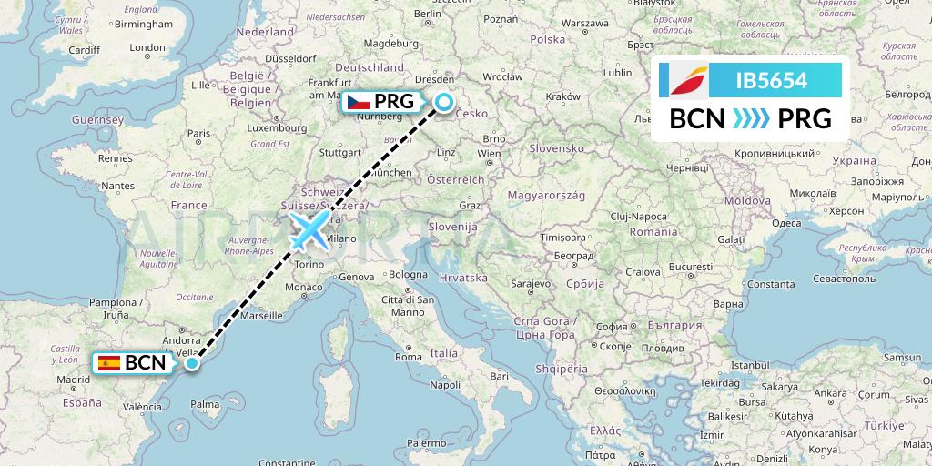 IB5654 Iberia Flight Map: Barcelona to Prague