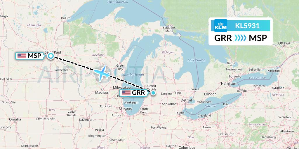 KL5931 KLM Flight Map: Grand Rapids to Minneapolis