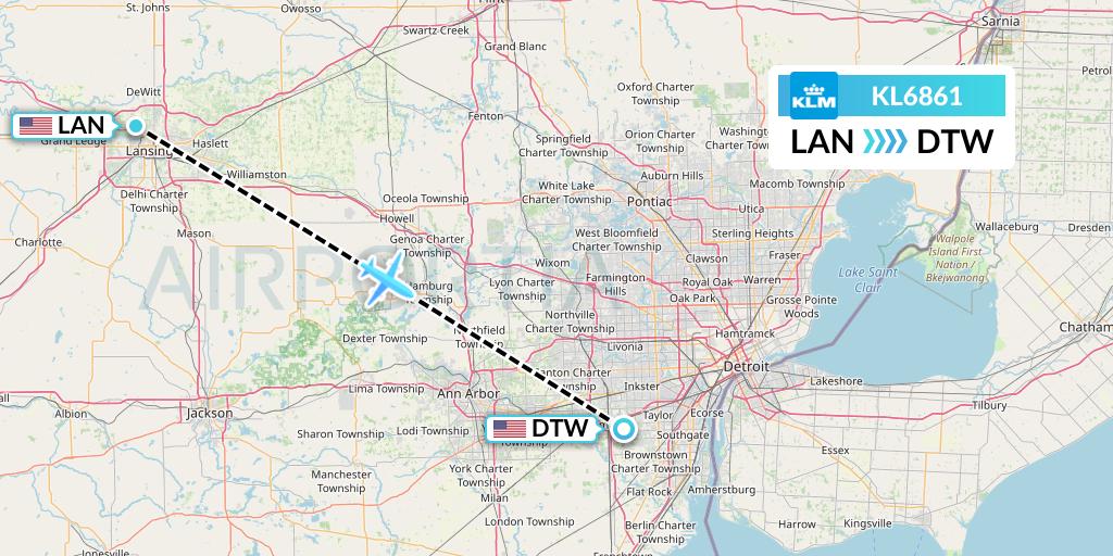 KL6861 KLM Flight Map: Lansing to Detroit