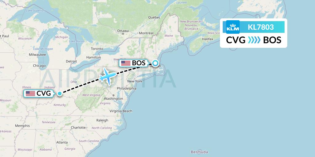 KL7803 KLM Flight Map: Cincinnati to Boston