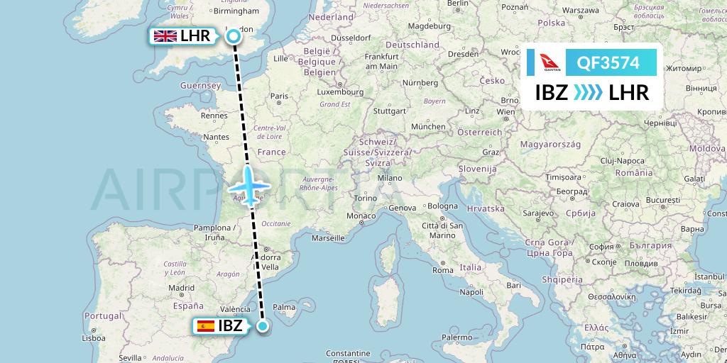 QF3574 Qantas Flight Map: Ibiza to London