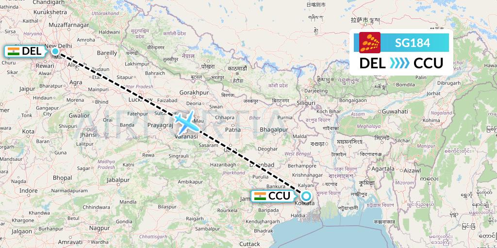 SG184 SpiceJet Flight Map: Delhi to Kolkata