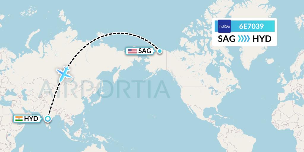 6E7039 IndiGo Airlines Flight Map: Sagwon to Hyderabad