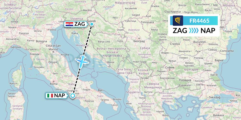 FR4465 Ryanair Flight Map: Zagreb to Naples
