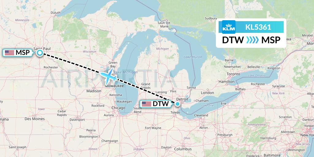 KL5361 KLM Flight Map: Detroit to Minneapolis