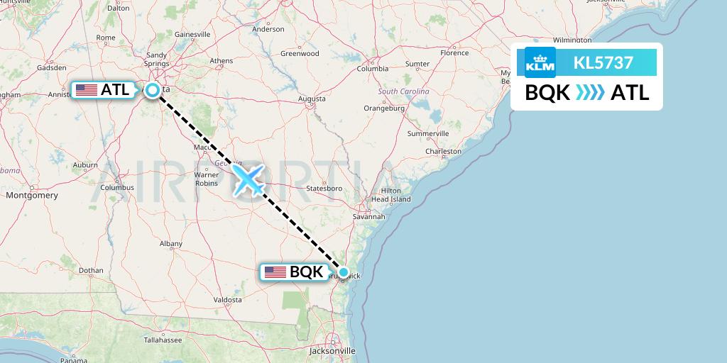 KL5737 KLM Flight Map: Brunswick to Atlanta