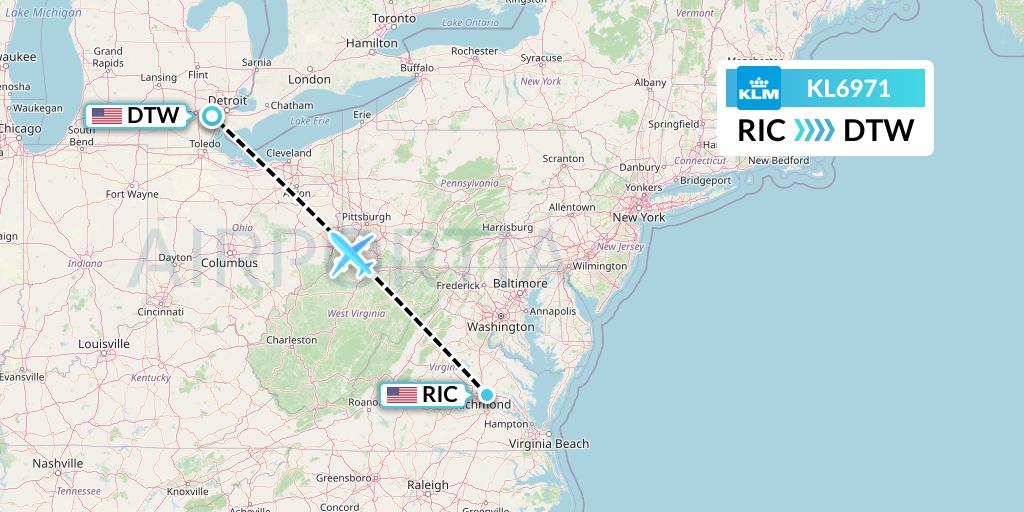 KL6971 KLM Flight Map: Richmond to Detroit