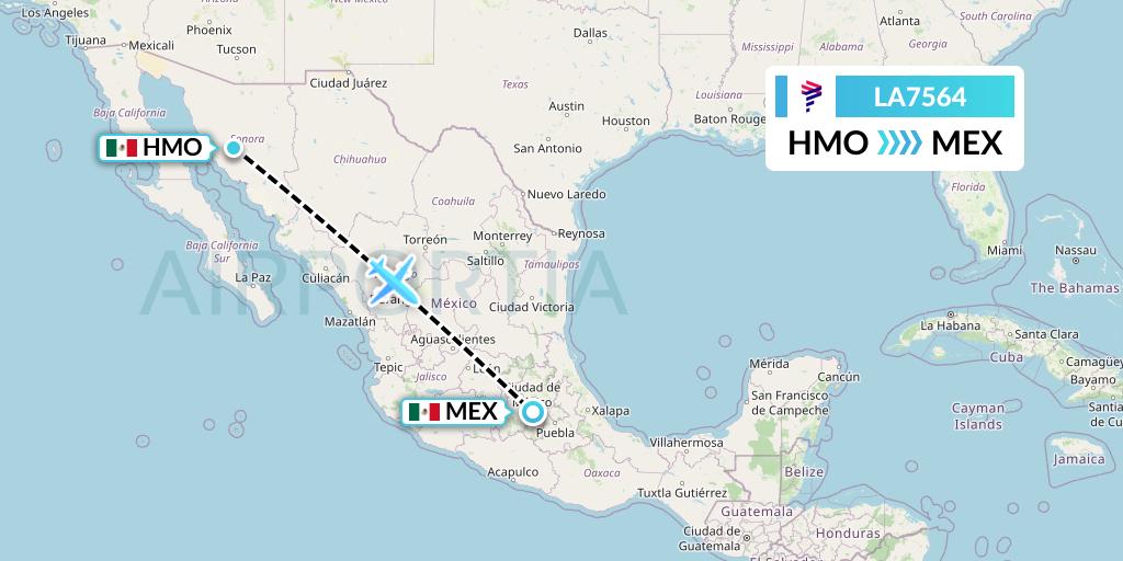 LA7564 LAN Airlines Flight Map: Hermosillo to Mexico City