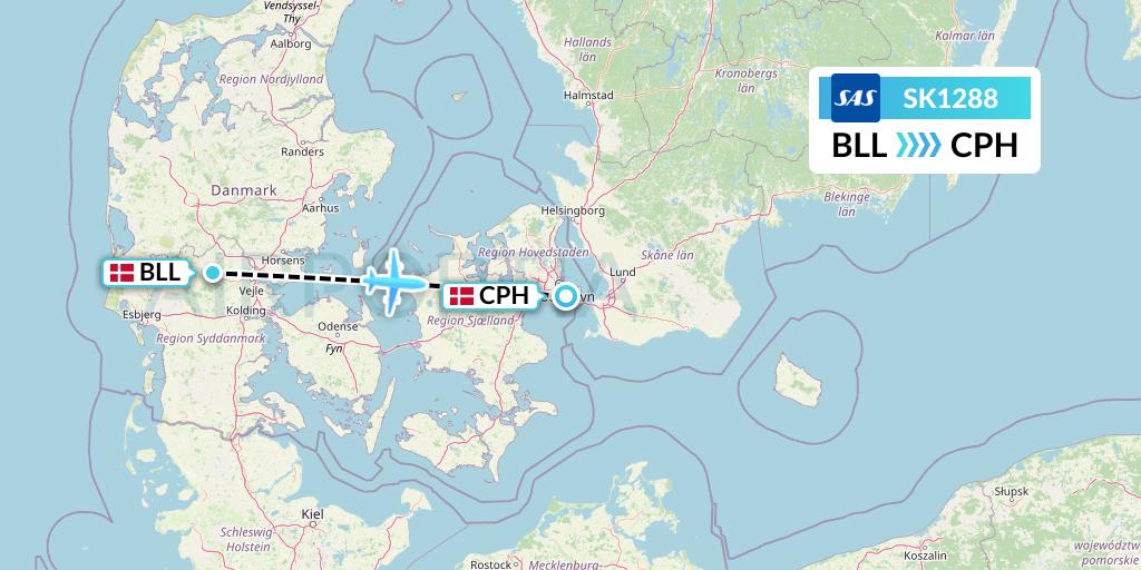 SK1288 SAS Flight Map: Billund to Copenhagen