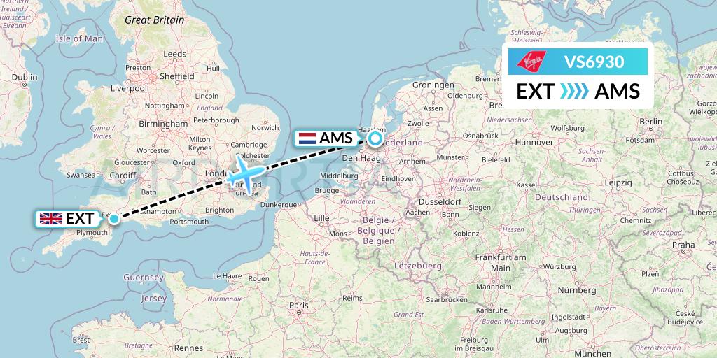 VS6930 Virgin Atlantic Airways Flight Map: Exeter to Amsterdam