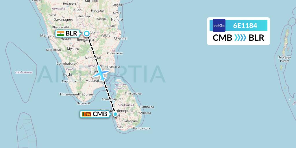 6E1184 IndiGo Airlines Flight Map: Colombo to Bangalore