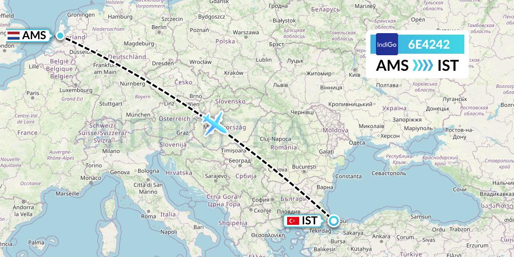 6E4242 IndiGo Airlines Flight Map: Amsterdam to Istanbul