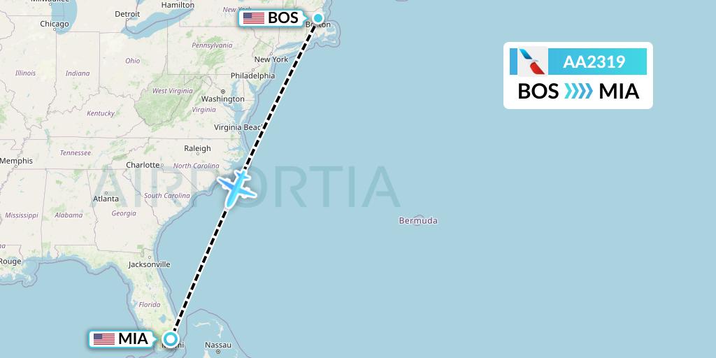 AA2319 American Airlines Flight Map: Boston to Miami