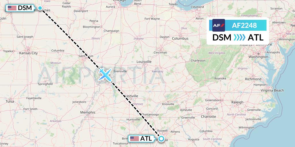 AF2248 Air France Flight Map: Des Moines to Atlanta