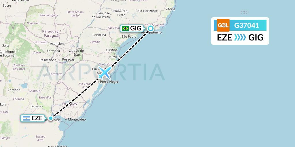 G37041 GOL Transportes Aeros Flight Map: Buenos Aires to Rio de Janeiro