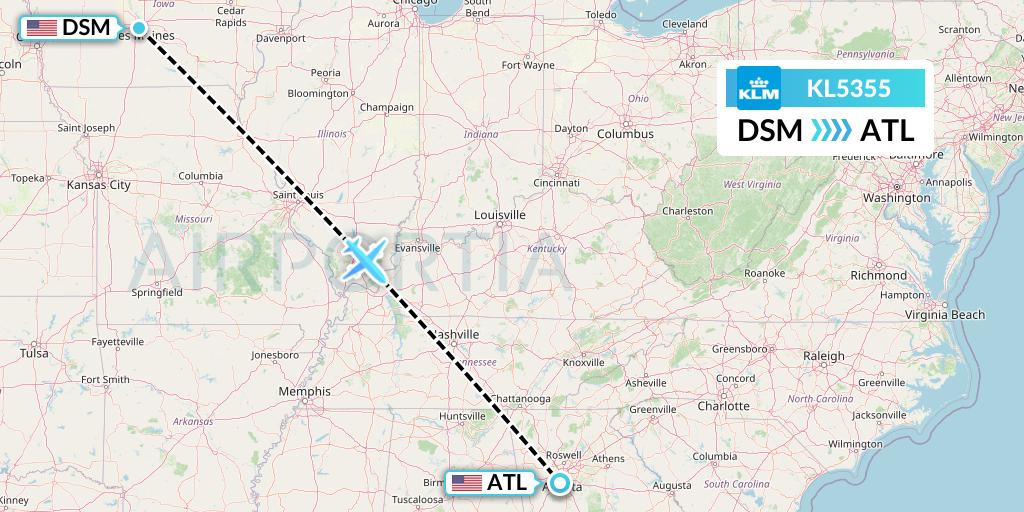 KL5355 KLM Flight Map: Des Moines to Atlanta