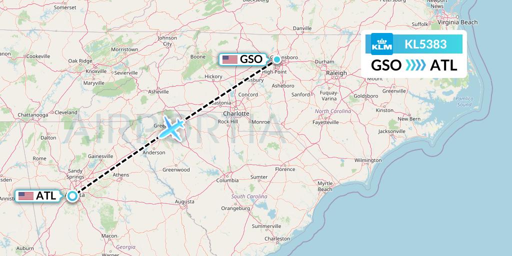 KL5383 KLM Flight Map: Greensboro to Atlanta