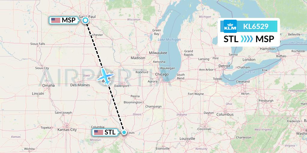 KL6529 KLM Flight Map: St. Louis to Minneapolis