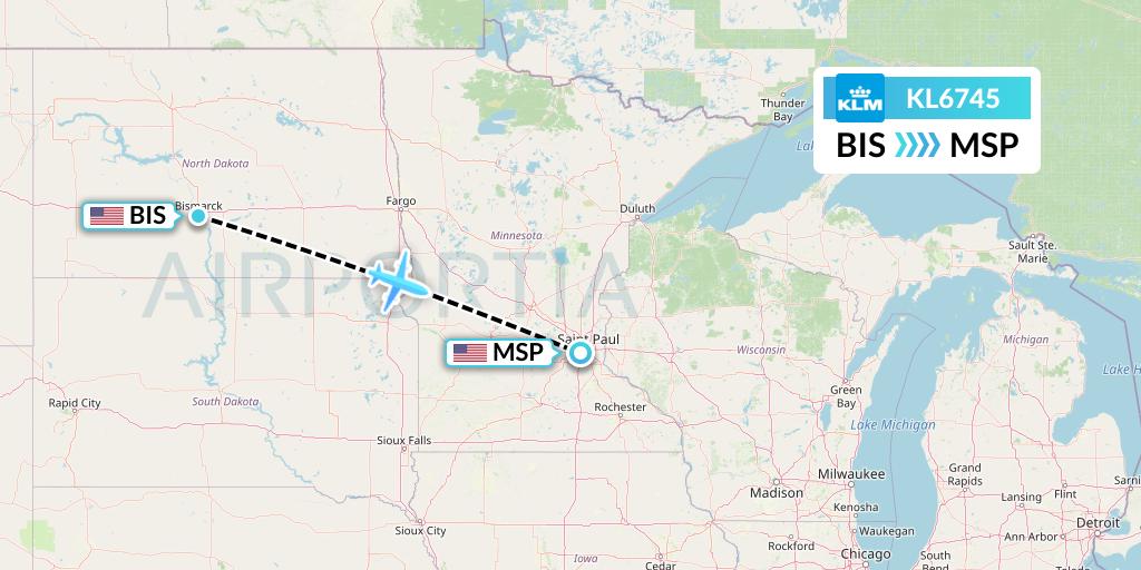 KL6745 KLM Flight Map: Bismarck to Minneapolis