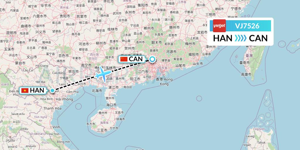 VJ7526 VietJet Air Flight Map: Hanoi to Guangzhou