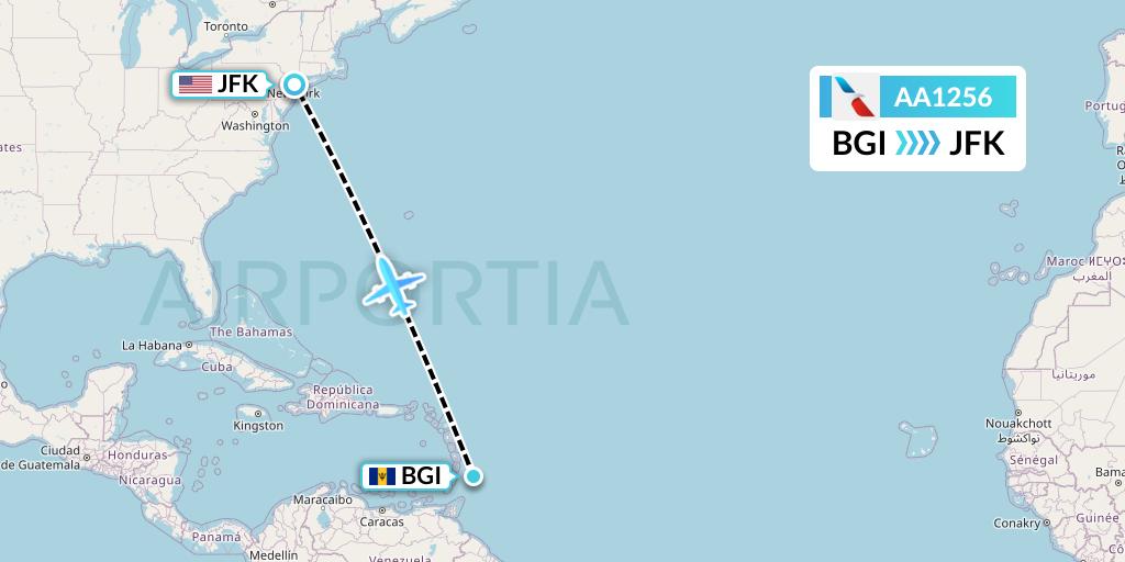 AA1256 American Airlines Flight Map: Bridgetown to New York