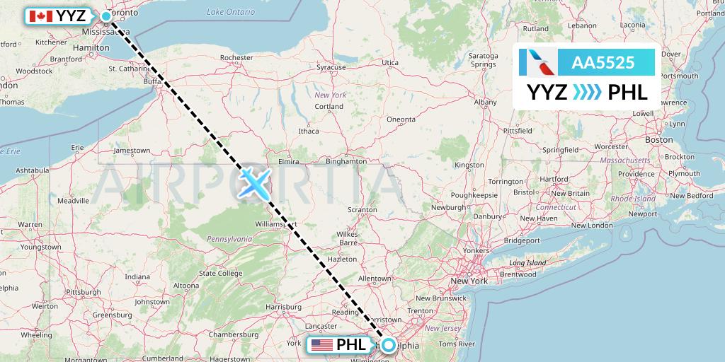 AA5525 American Airlines Flight Map: Toronto to Philadelphia