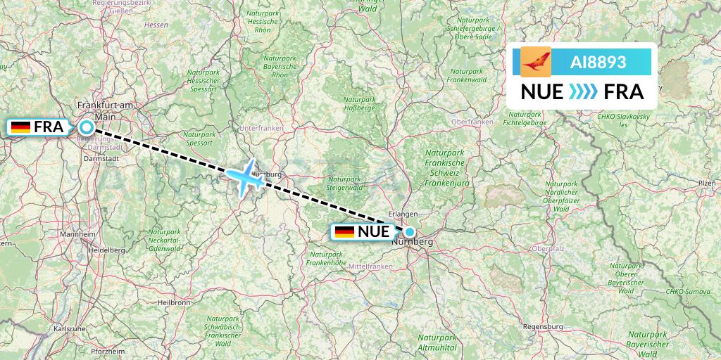 AI8893 Air India Flight Map: Nurnberg to Frankfurt