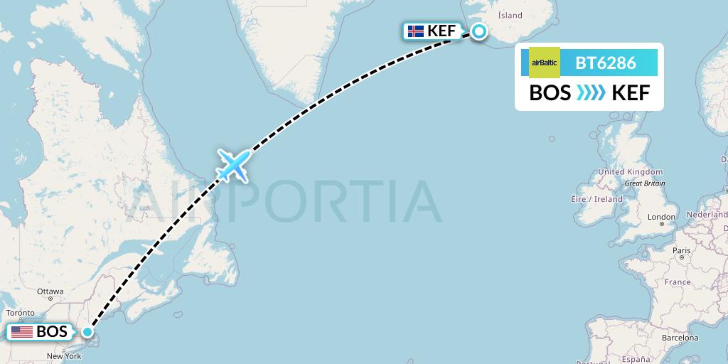 BT6286 Air Baltic Flight Map: Boston to Reykjavik