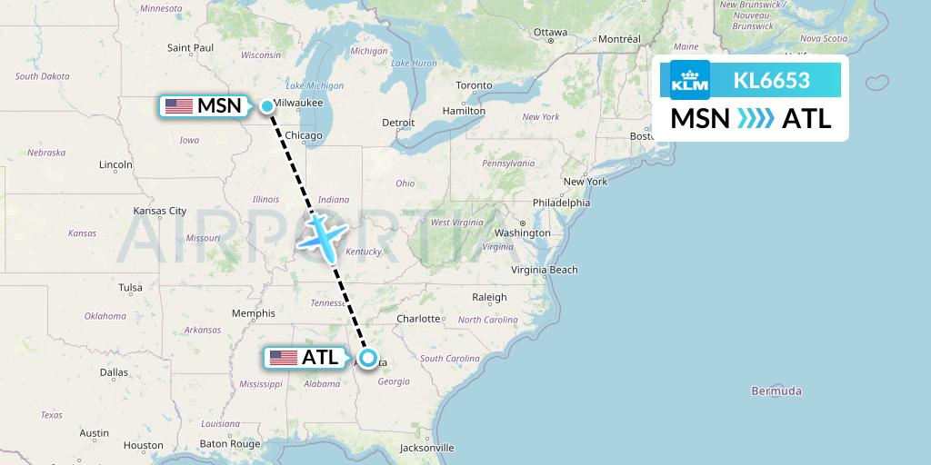 KL6653 KLM Flight Map: Madison to Atlanta