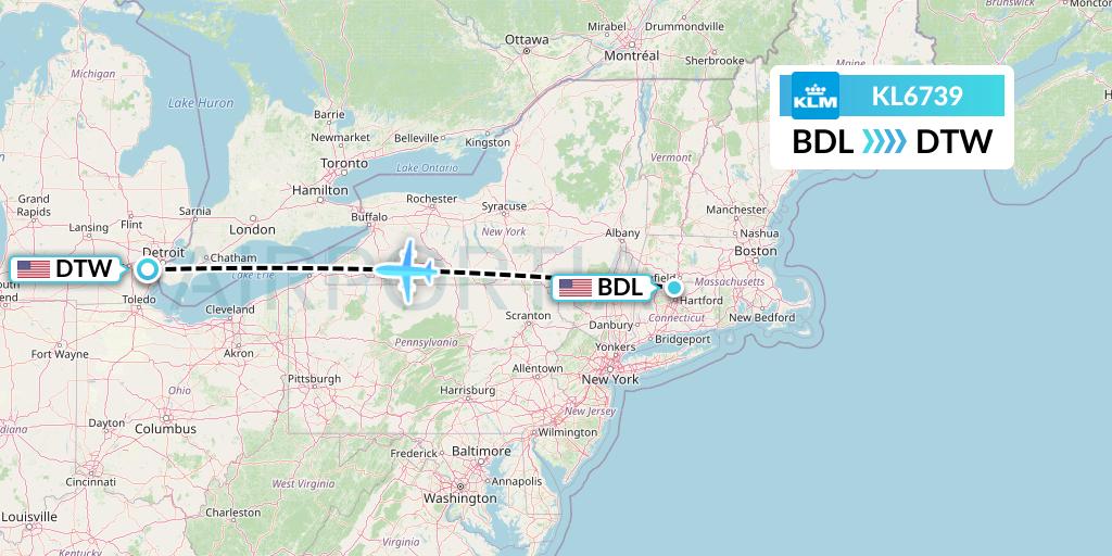 KL6739 KLM Flight Map: Windsor Locks to Detroit