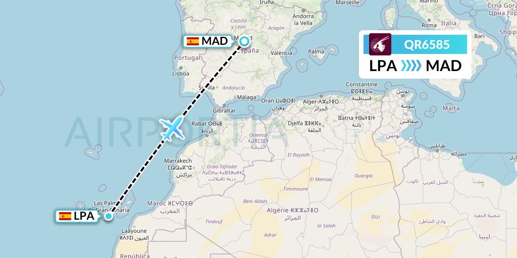 QR6585 Qatar Airways Flight Map: Las Palmas to Madrid