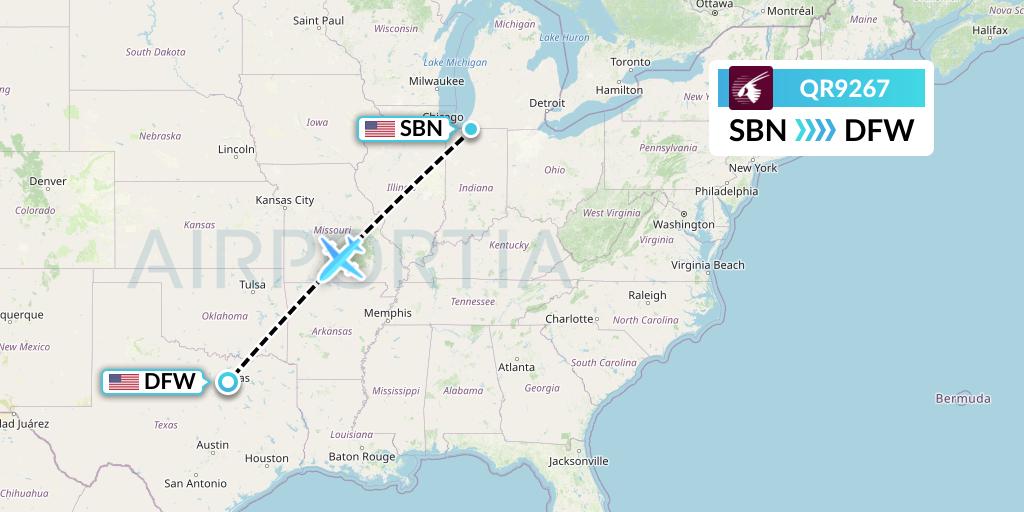 QR9267 Qatar Airways Flight Map: South Bend to Dallas