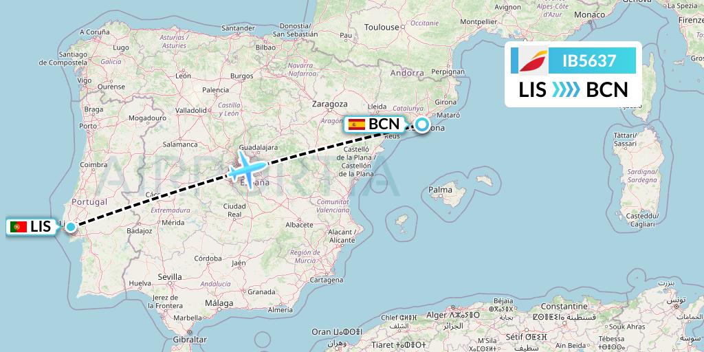 IB5637 Iberia Flight Map: Lisbon to Barcelona