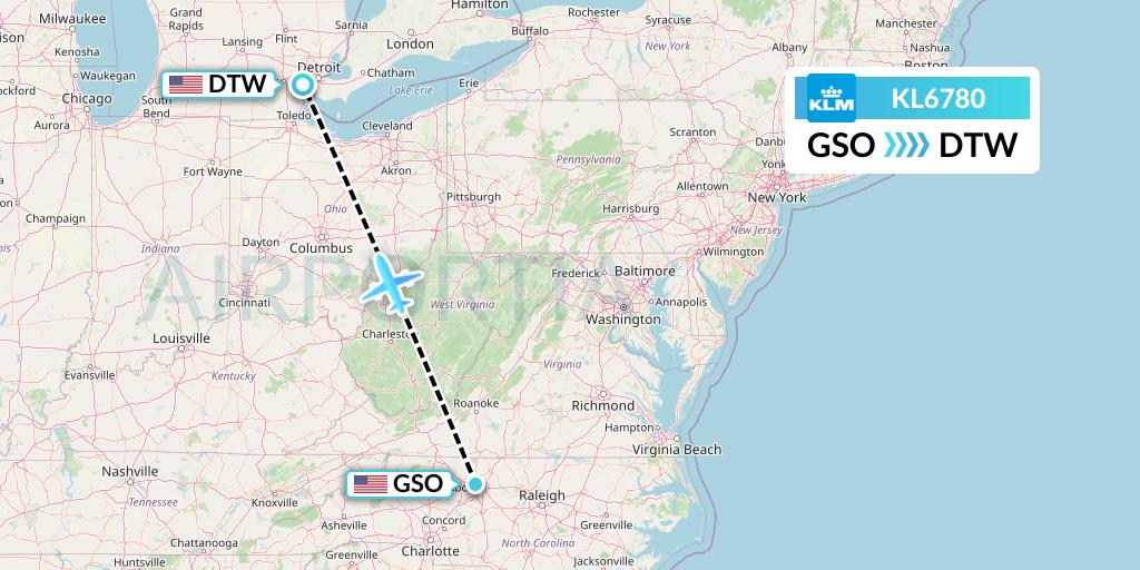 KL6780 KLM Flight Map: Greensboro to Detroit