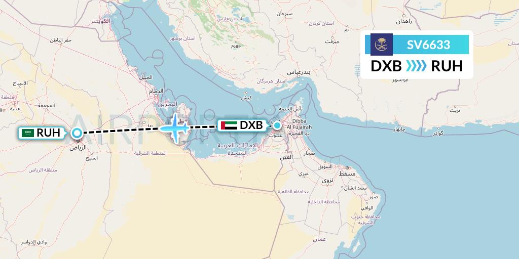 SV6633 Saudi Arabian Airlines Flight Map: Dubai to Riyadh