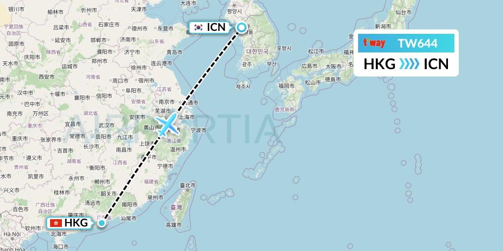 TW644 T'way Air Flight Map: Hong Kong to Seoul