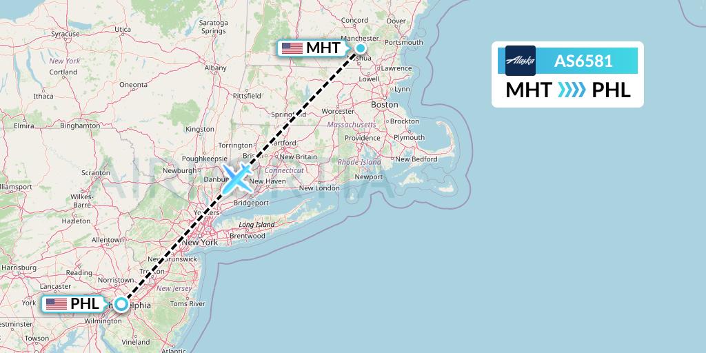 AS6581 Alaska Airlines Flight Map: Manchester to Philadelphia