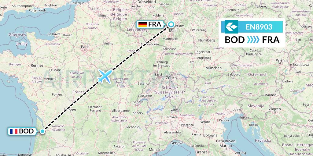 EN8903 Air Dolomiti Flight Map: Bordeaux to Frankfurt