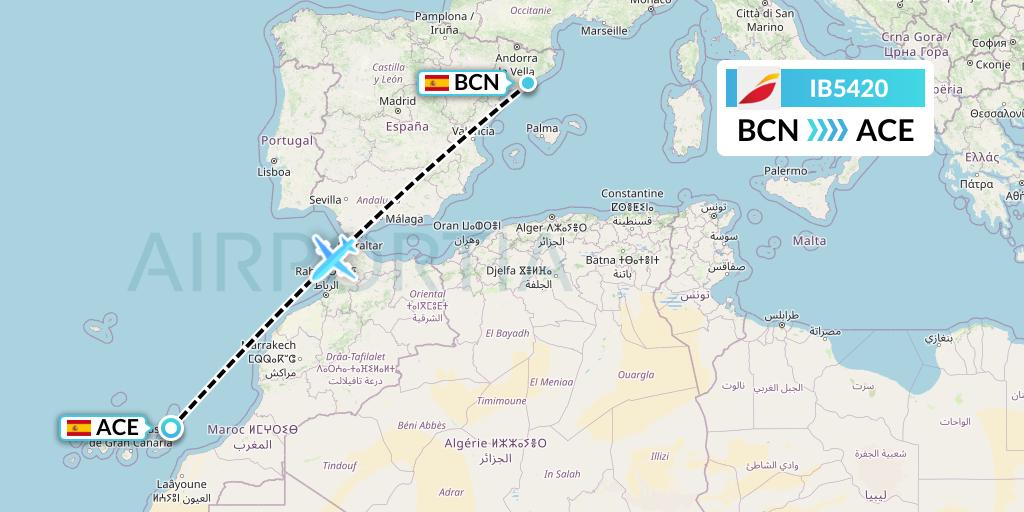 IB5420 Iberia Flight Map: Barcelona to Lanzarote