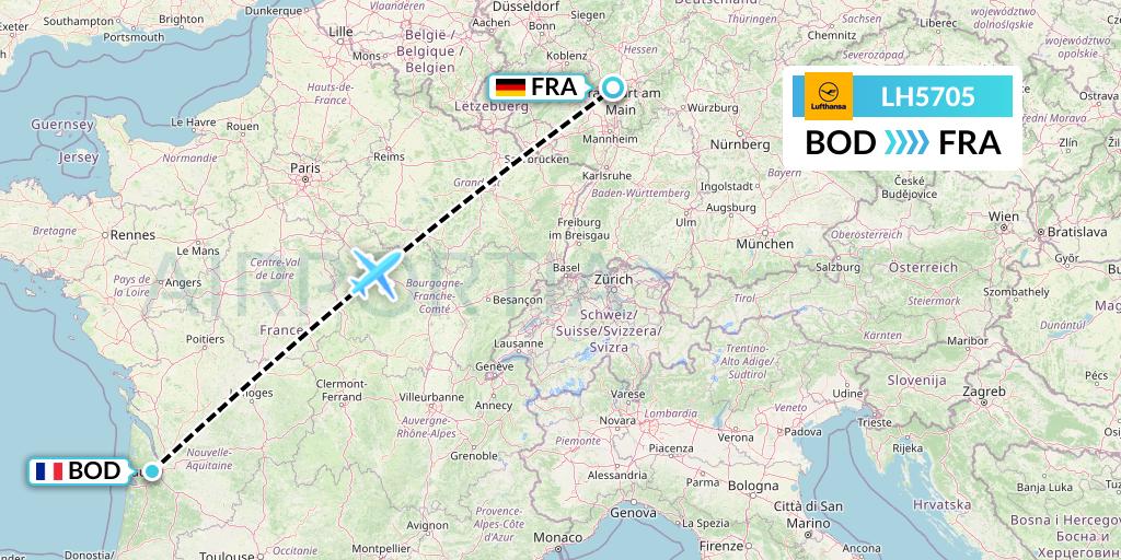 LH5705 Lufthansa Flight Map: Bordeaux to Frankfurt