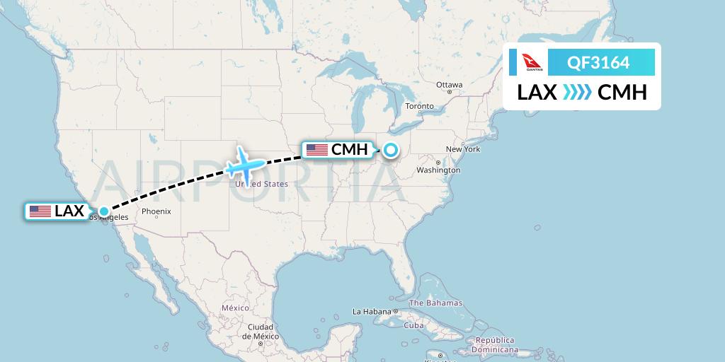 QF3164 Qantas Flight Map: Los Angeles to Columbus